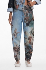 Pantaloni denim conici cu imprimeu renascentist
