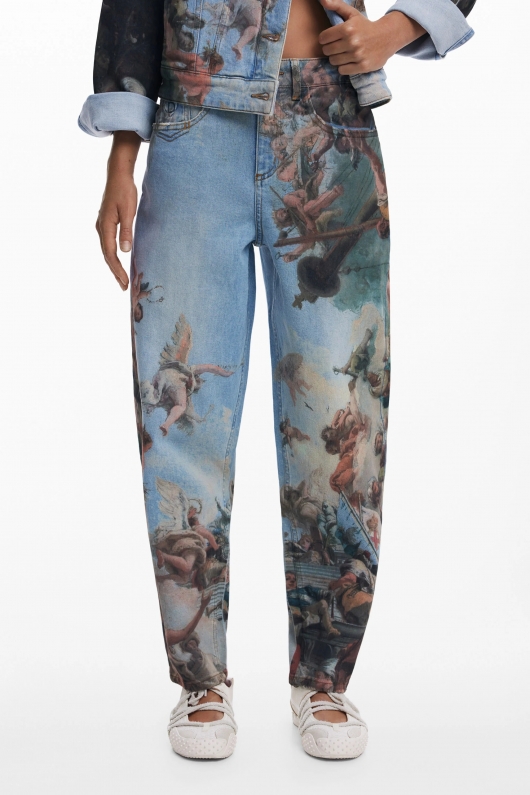 Pantaloni denim conici cu imprimeu renascentist