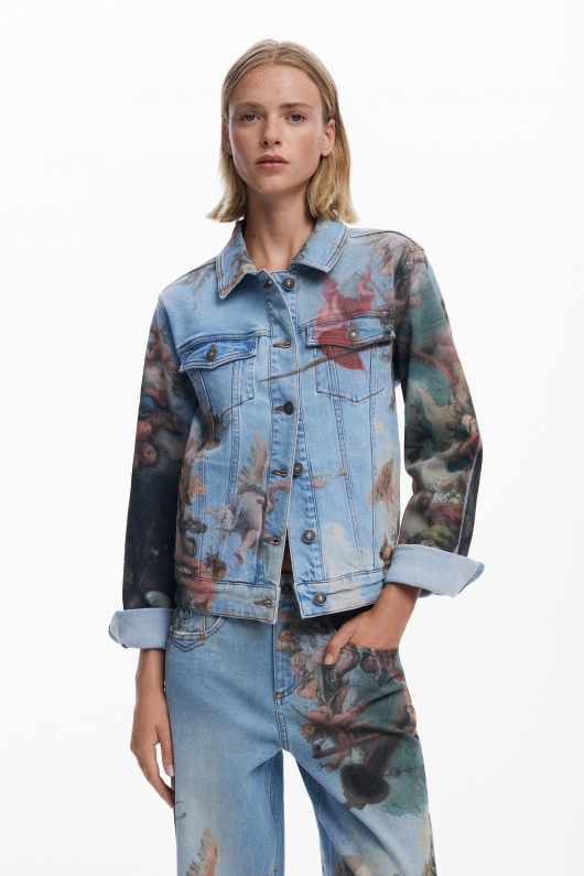 Pantaloni denim conici cu imprimeu renascentist