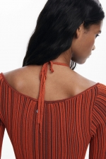 Rochie tricot neagră midi cu dungi verticale
