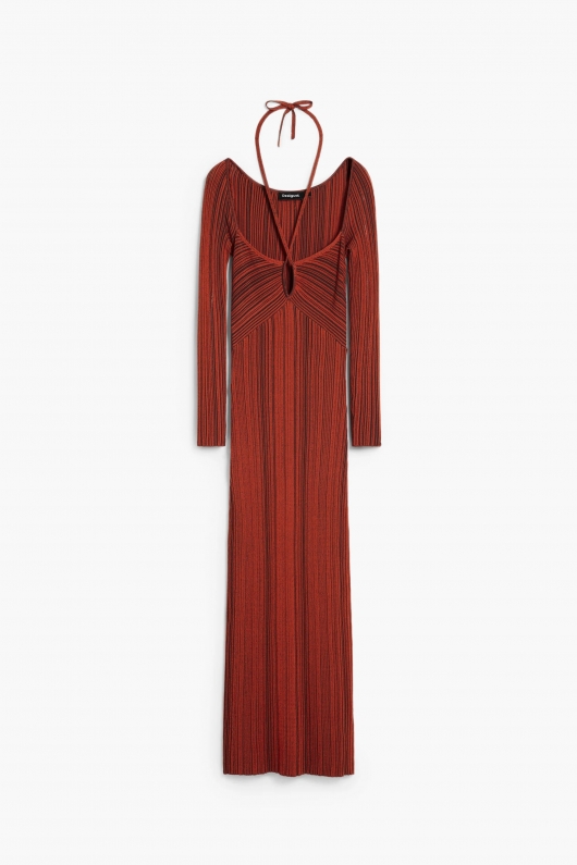 Rochie tricot neagră midi cu dungi verticale