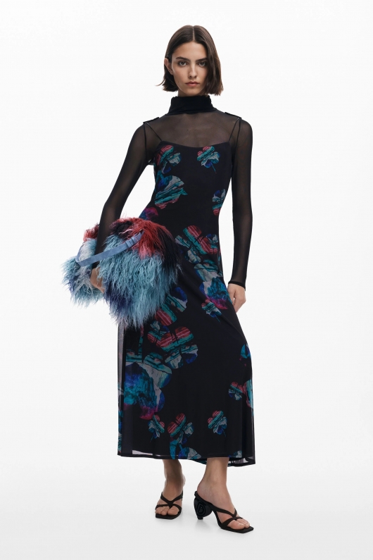 Rochie midi tip furou cu imprimeu acuarelă multicolor