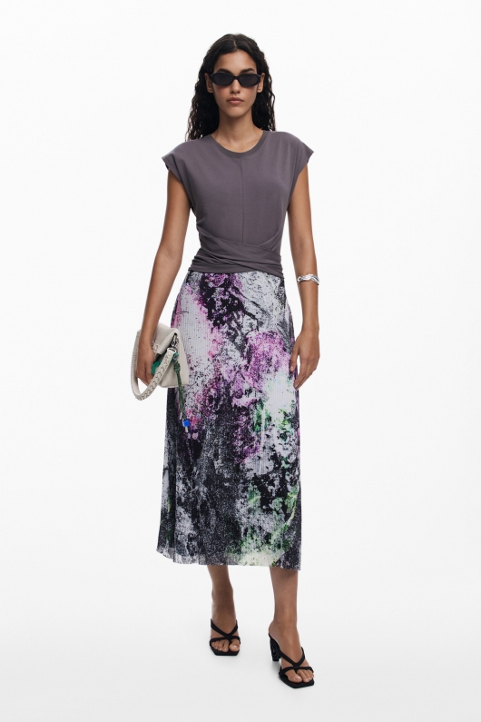 Rochie midi cu fustă plisată și print floral multicolor