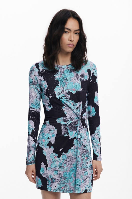 Rochie mini cu nod frontal și imprimeu artistic