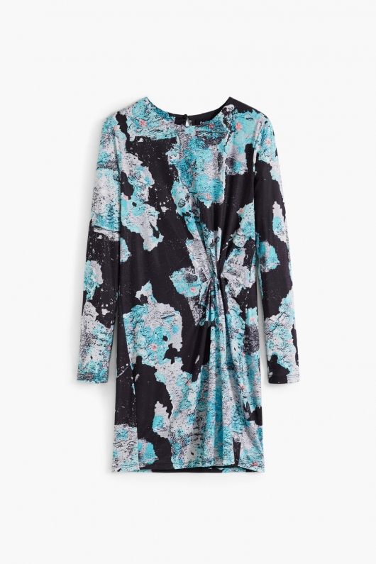 Rochie mini cu nod frontal și imprimeu artistic