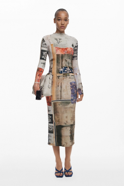 Rochie midi mulată cu guler înalt, multicoloră