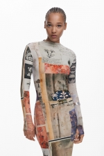 Rochie midi mulată cu guler înalt, multicoloră