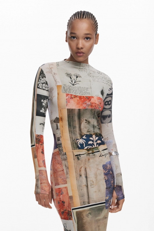 Rochie midi mulată cu guler înalt, multicoloră