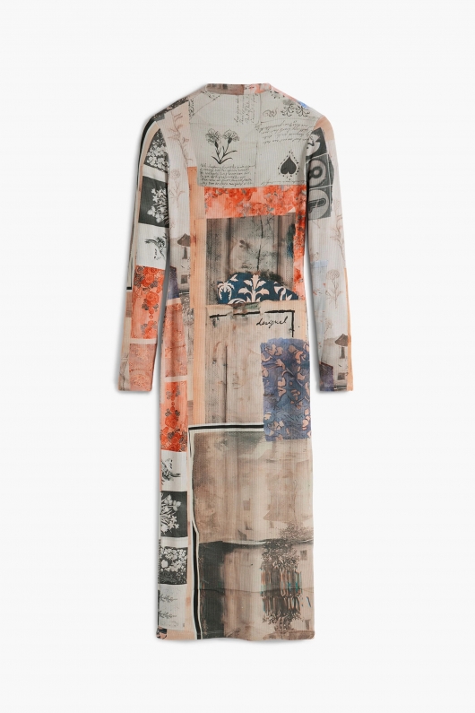 Rochie midi mulată cu guler înalt, multicoloră
