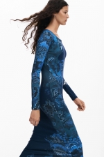 Rochie midi albastră mulată cu imprimeu mandala