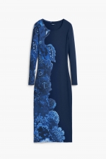 Rochie midi albastră mulată cu imprimeu mandala