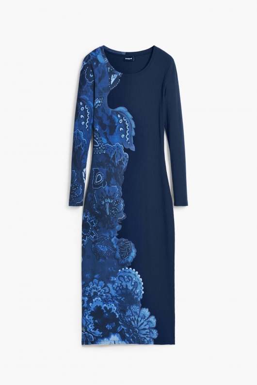 Rochie midi albastră mulată cu imprimeu mandala