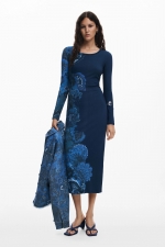 Rochie midi albastră mulată cu imprimeu mandala