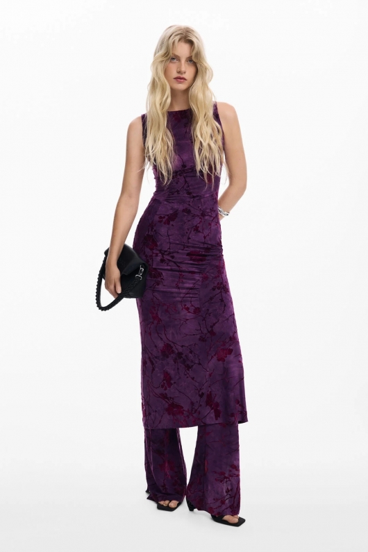 Rochie midi mulată cu imprimeu floral mov