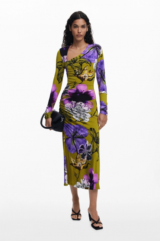 Rochie midi florală cu decolteu asimetric