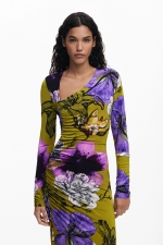 Rochie midi florală cu decolteu asimetric