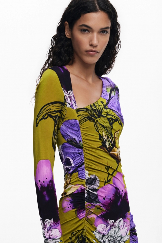 Rochie midi florală cu decolteu asimetric
