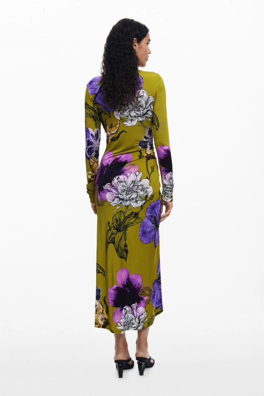Rochie midi florală cu decolteu asimetric