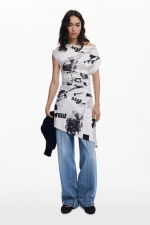Rochie midi asimetrică cu print newspaper și pulover