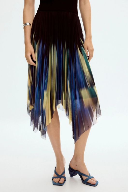 Rochie midi asimetrică cu fustă imprimată