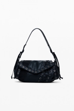 Geantă crossbody neagră patchwork cu clapă și fermoar