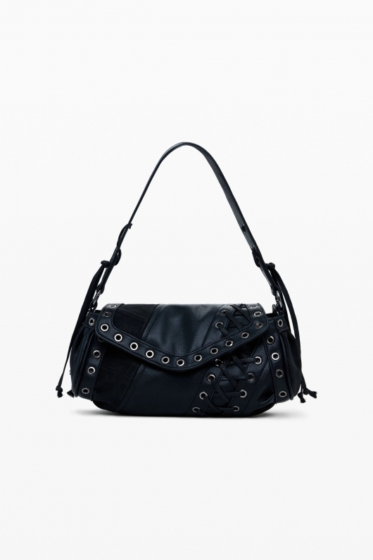 Geantă crossbody neagră patchwork cu clapă și fermoar