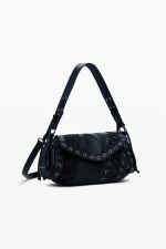 Geantă crossbody neagră patchwork cu clapă și fermoar
