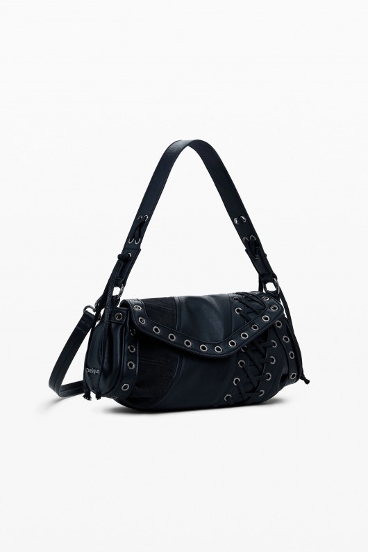 Geantă crossbody neagră patchwork cu clapă și fermoar