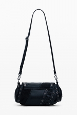 Geantă crossbody neagră patchwork cu clapă și fermoar