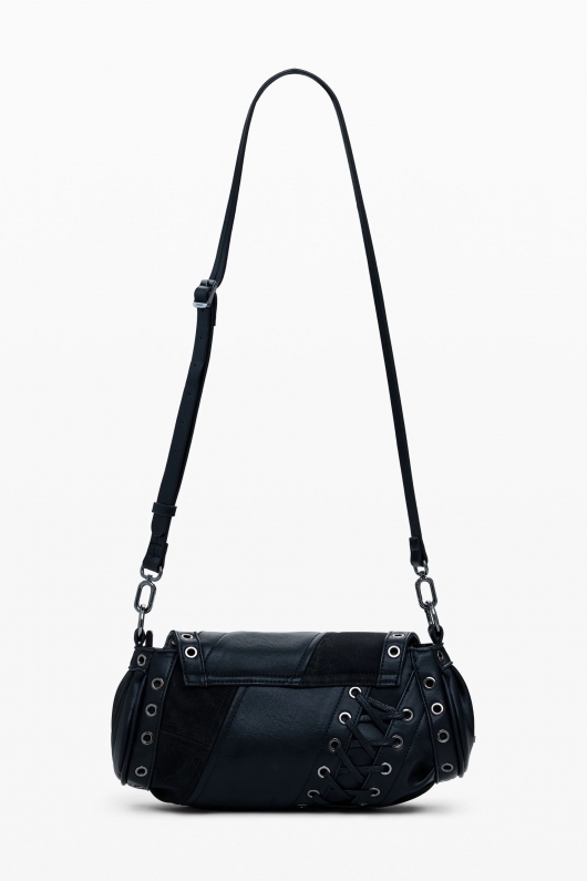 Geantă crossbody neagră patchwork cu clapă și fermoar