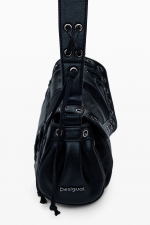 Geantă crossbody neagră patchwork cu clapă și fermoar