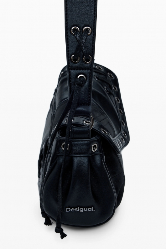 Geantă crossbody neagră patchwork cu clapă și fermoar