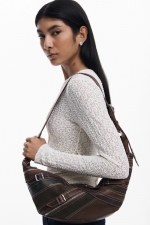Geantă semilună maro patchwork crossbody