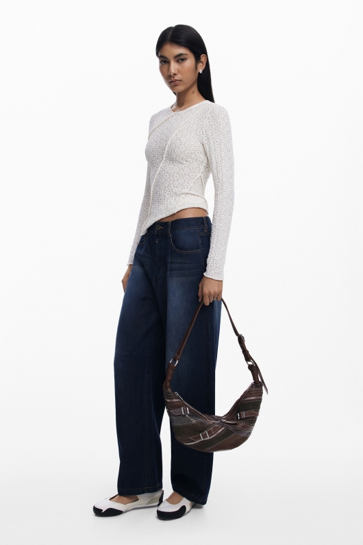 Geantă semilună maro patchwork crossbody