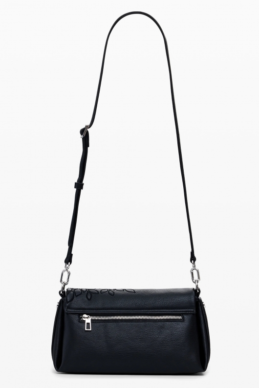 Geantă crossbody neagră cu broderie și clapetă