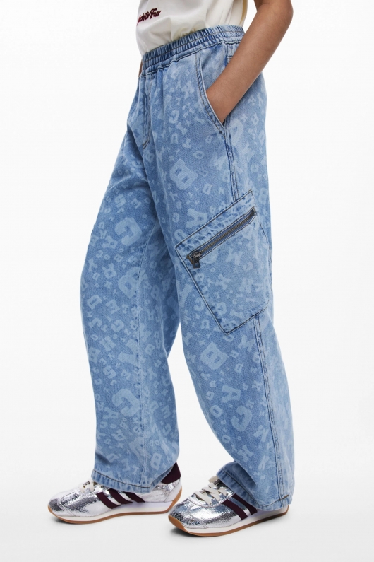 Pantaloni denim baggy cargo, albastru deschis