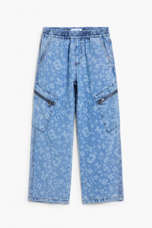 Pantaloni denim baggy cargo, albastru deschis