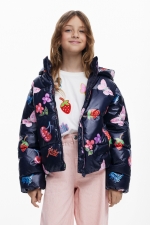 Geacă puffer scurtă albastră metalizată cu print