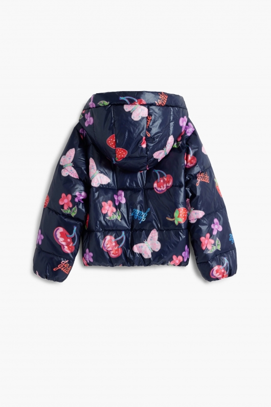 Geacă puffer scurtă albastră metalizată cu print