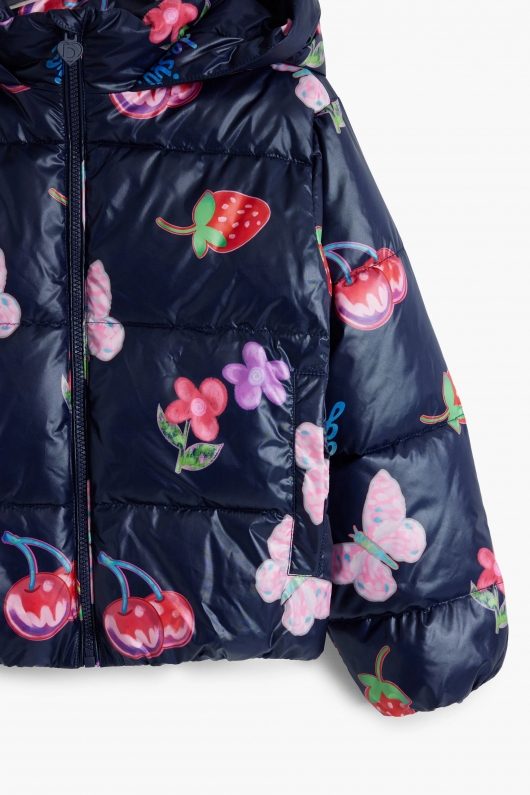 Geacă puffer scurtă albastră metalizată cu print