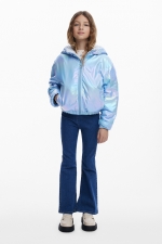 Geacă puffer bleu reversibilă cu glugă și fermoar