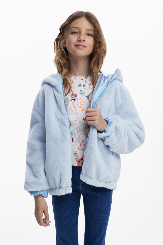 Geacă puffer bleu reversibilă cu glugă și fermoar