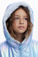 Geacă puffer bleu reversibilă cu glugă și fermoar