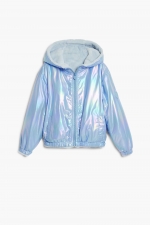 Geacă puffer bleu reversibilă cu glugă și fermoar