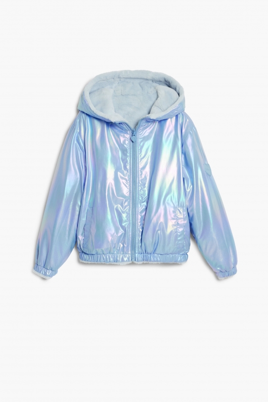 Geacă puffer bleu reversibilă cu glugă și fermoar