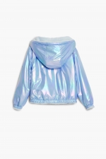 Geacă puffer bleu reversibilă cu glugă și fermoar