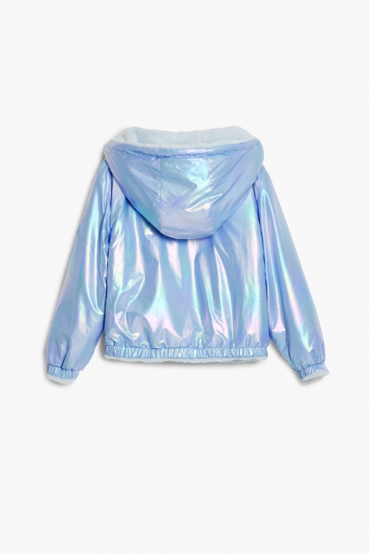 Geacă puffer bleu reversibilă cu glugă și fermoar