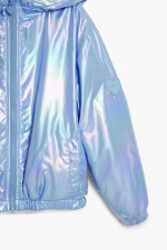 Geacă puffer bleu reversibilă cu glugă și fermoar