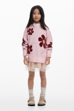 Pulover roz cu imprimeu floral și mâneci lungi