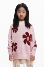 Pulover roz cu imprimeu floral și mâneci lungi